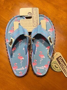 Women's Gumbies Islander Flamingo Print Blue Canvas Flip Flop Sandals